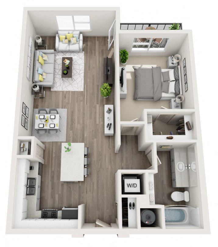 Floor plan for 1 bed, 1 bath, 785 sqft