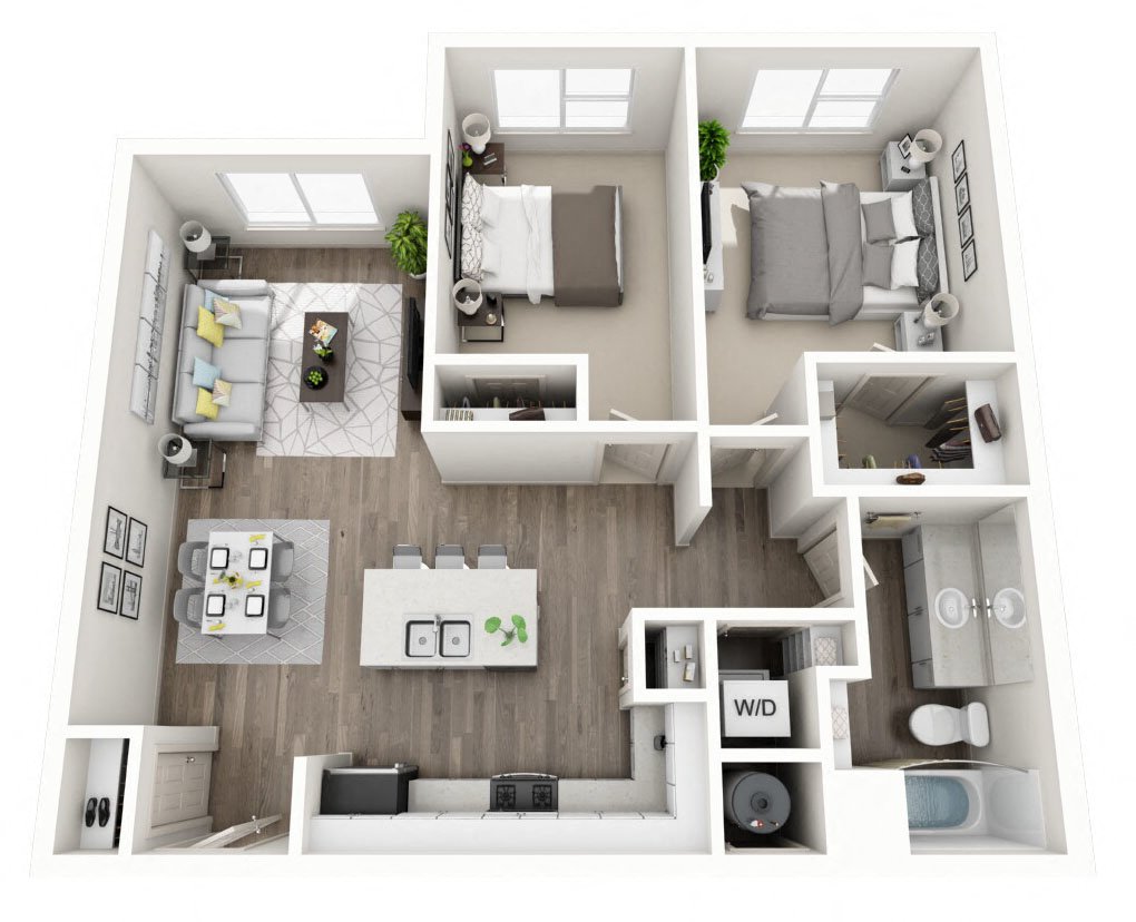 Floor plan for 2 beds, 1 bath, 895 sqft