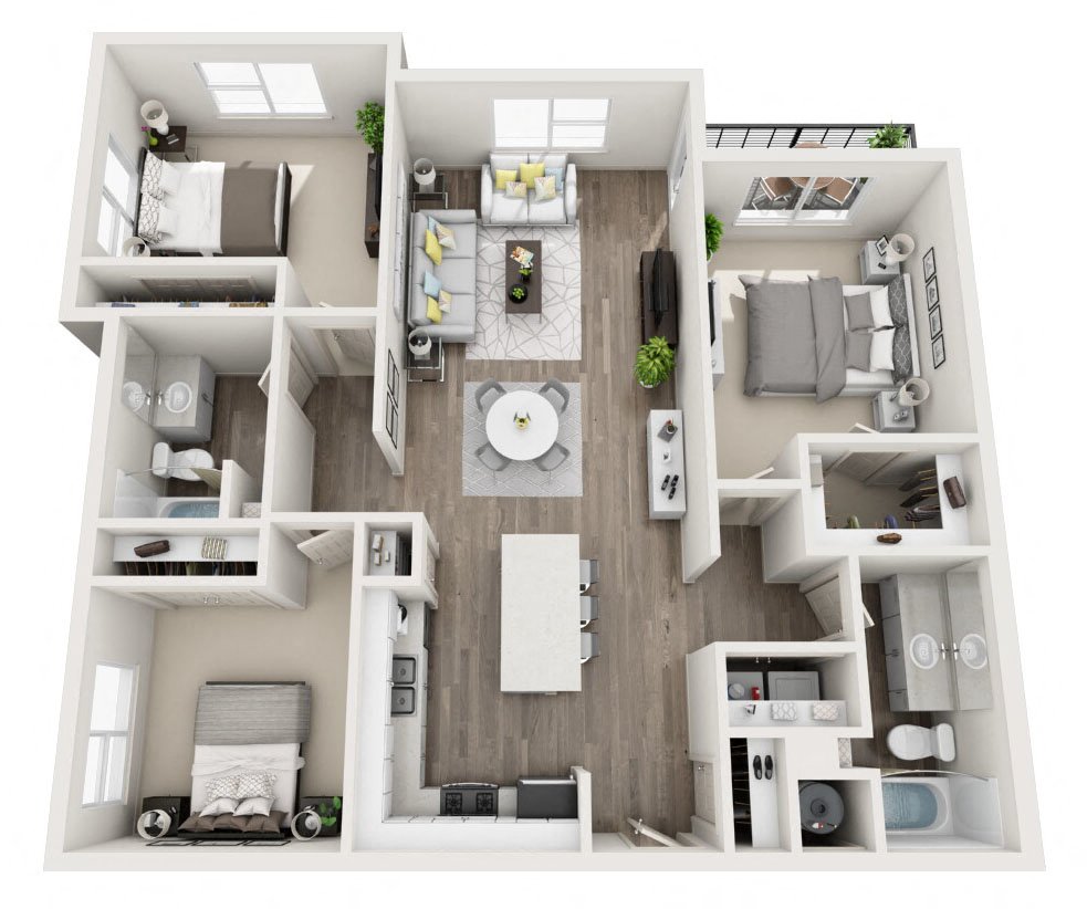 Floor plan for 3 beds, 2 baths, 1259 sqft