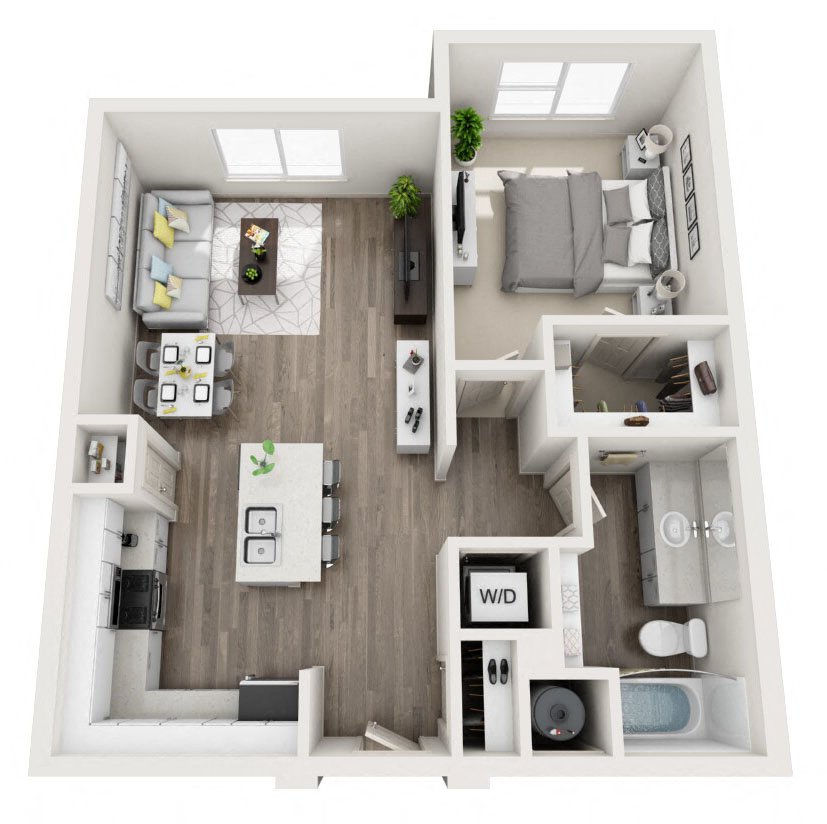 Floor plan for 1 bed, 1 bath, 677 sqft
