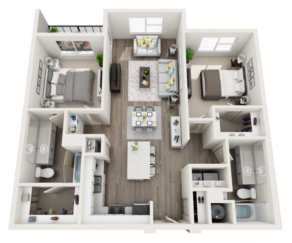 Floor plan for 2 beds, 2 baths, 1063 sqft