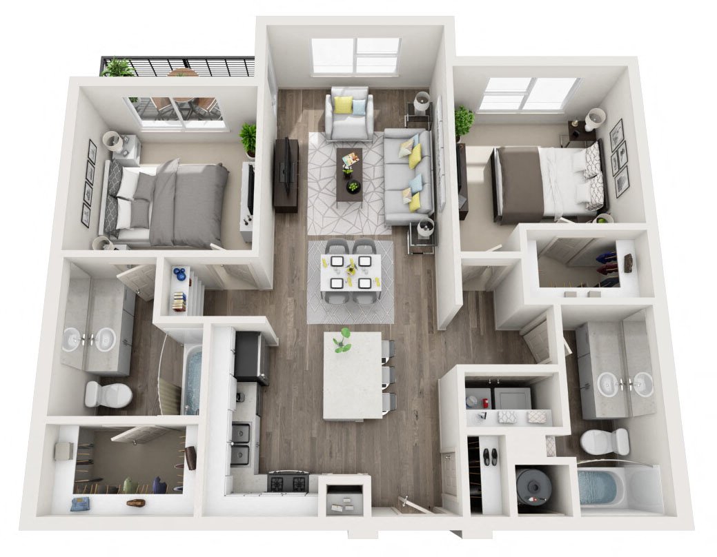Floor plan for 2 beds, 2 baths, 939 sqft