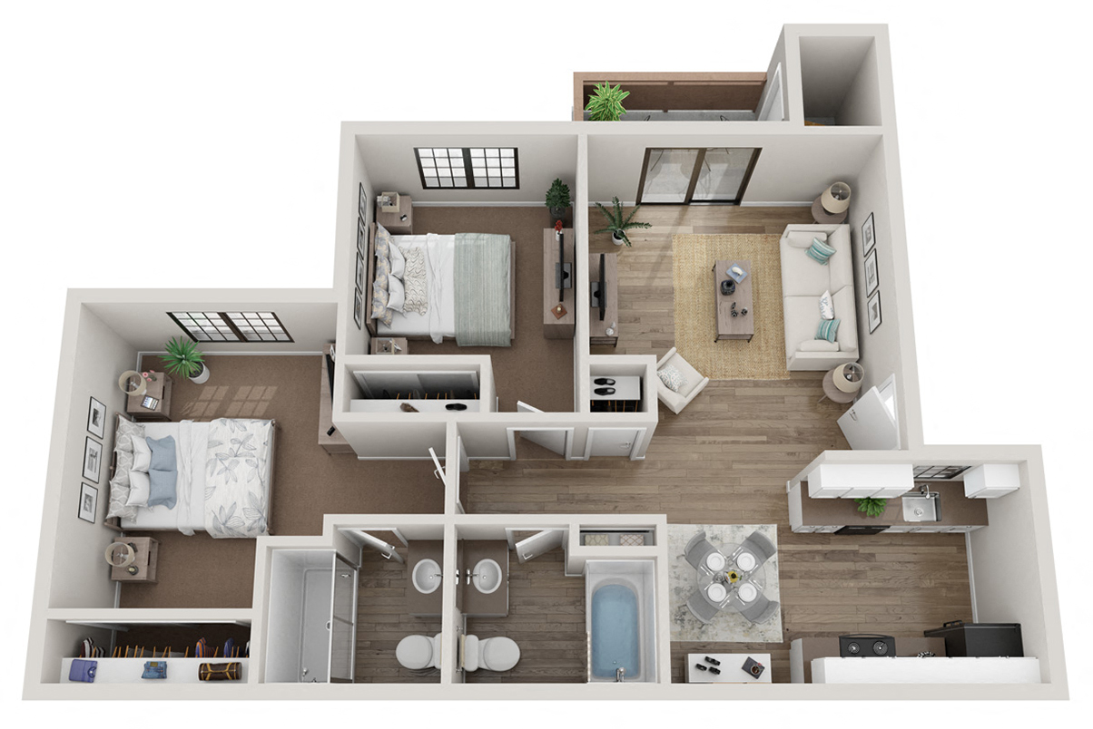Floor plan for 2 beds, 2 baths, 930 sqft