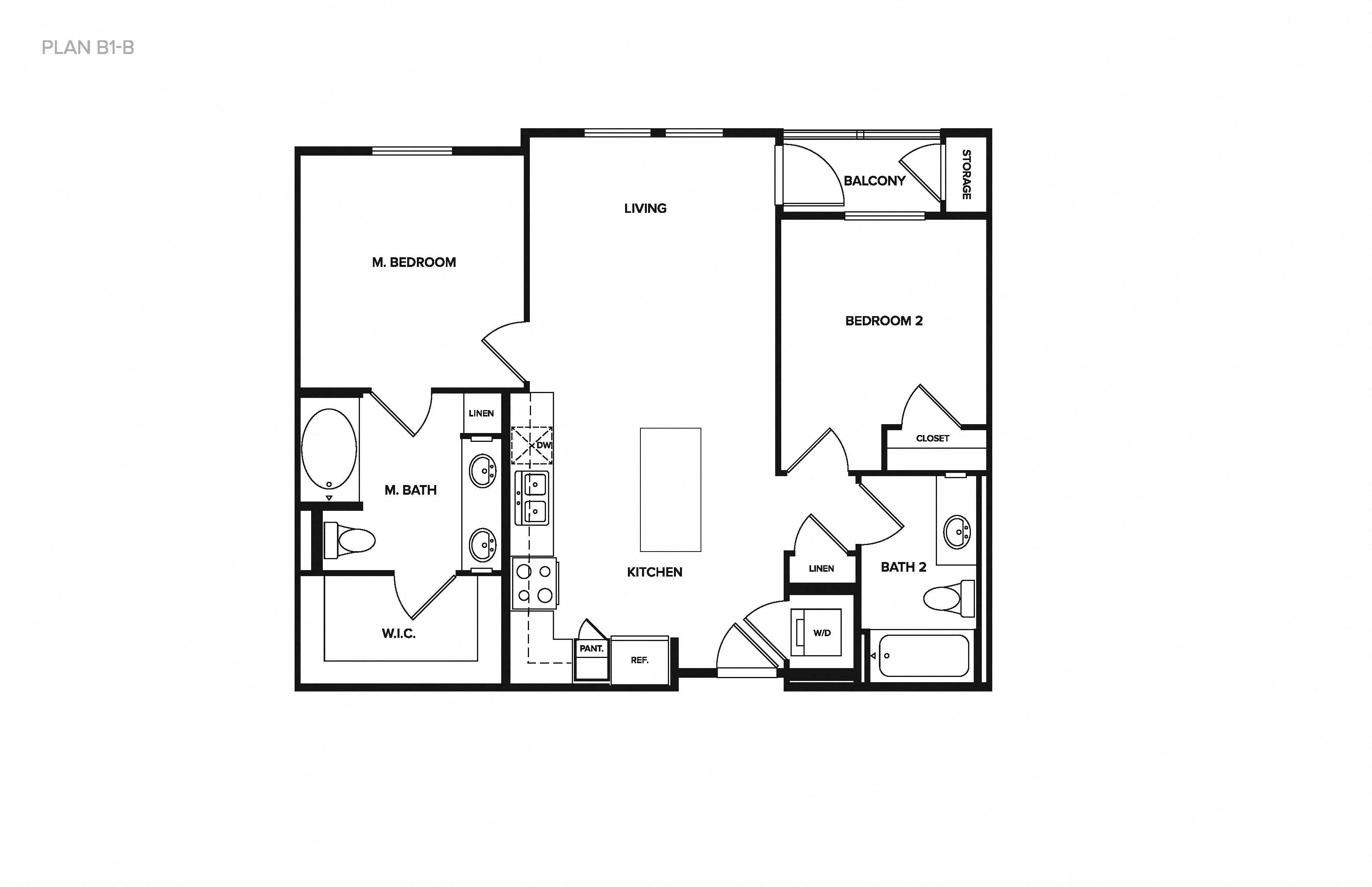 Floor plan for 2 beds, 2 baths, 908 sqft