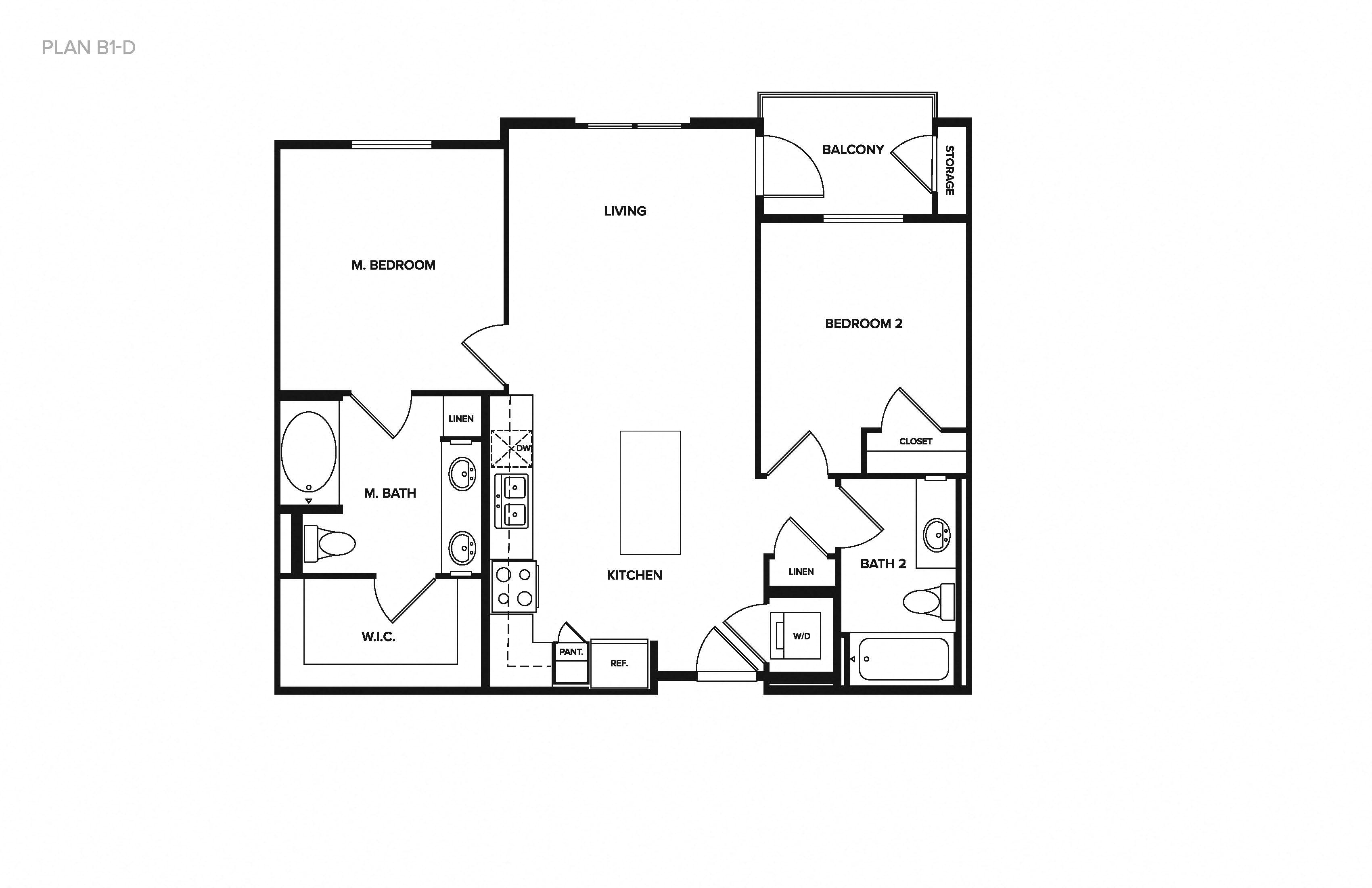 Floor plan for 2 beds, 2 baths, 922 sqft