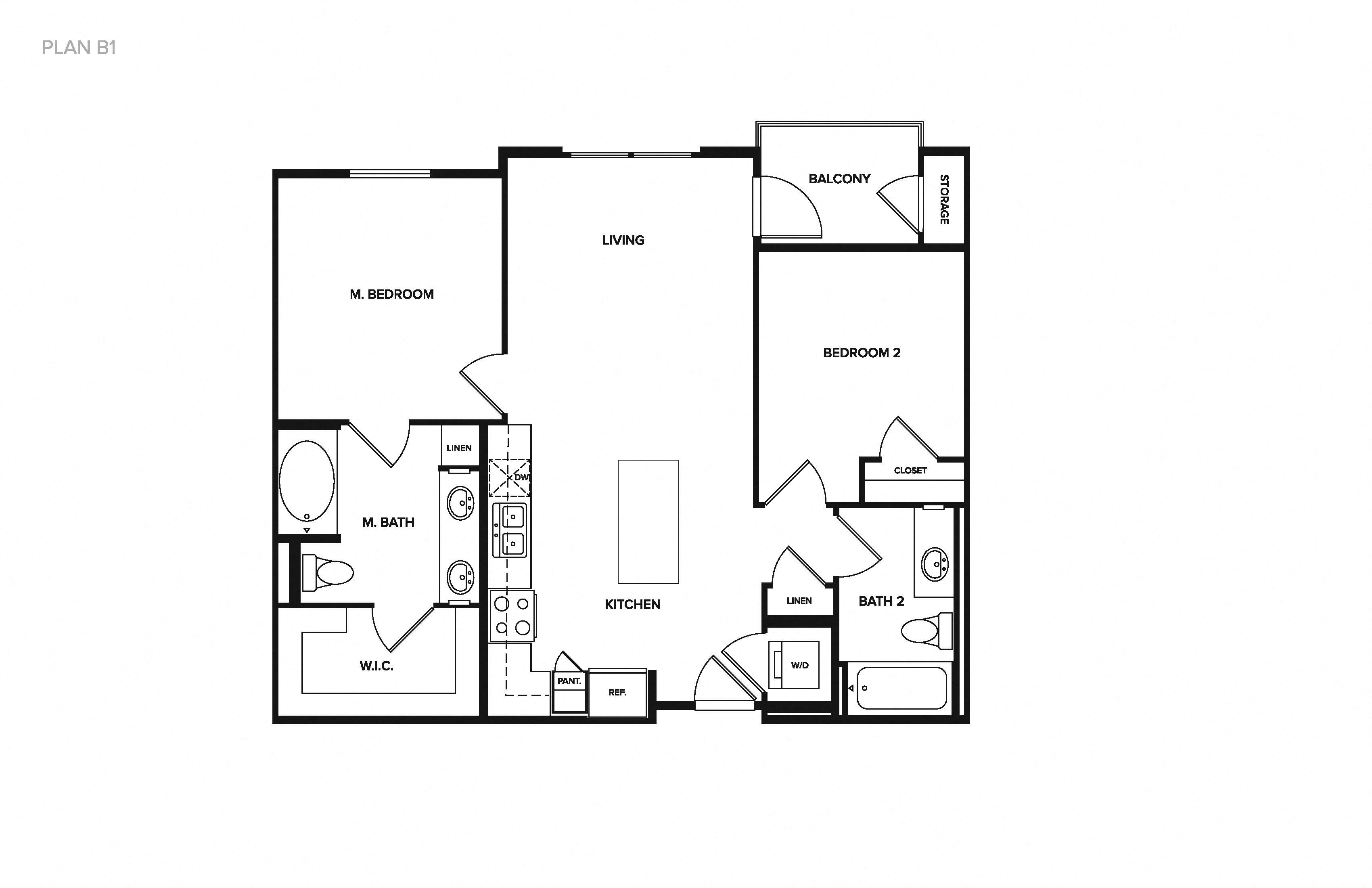 Floor plan for 2 beds, 2 baths, 924 sqft