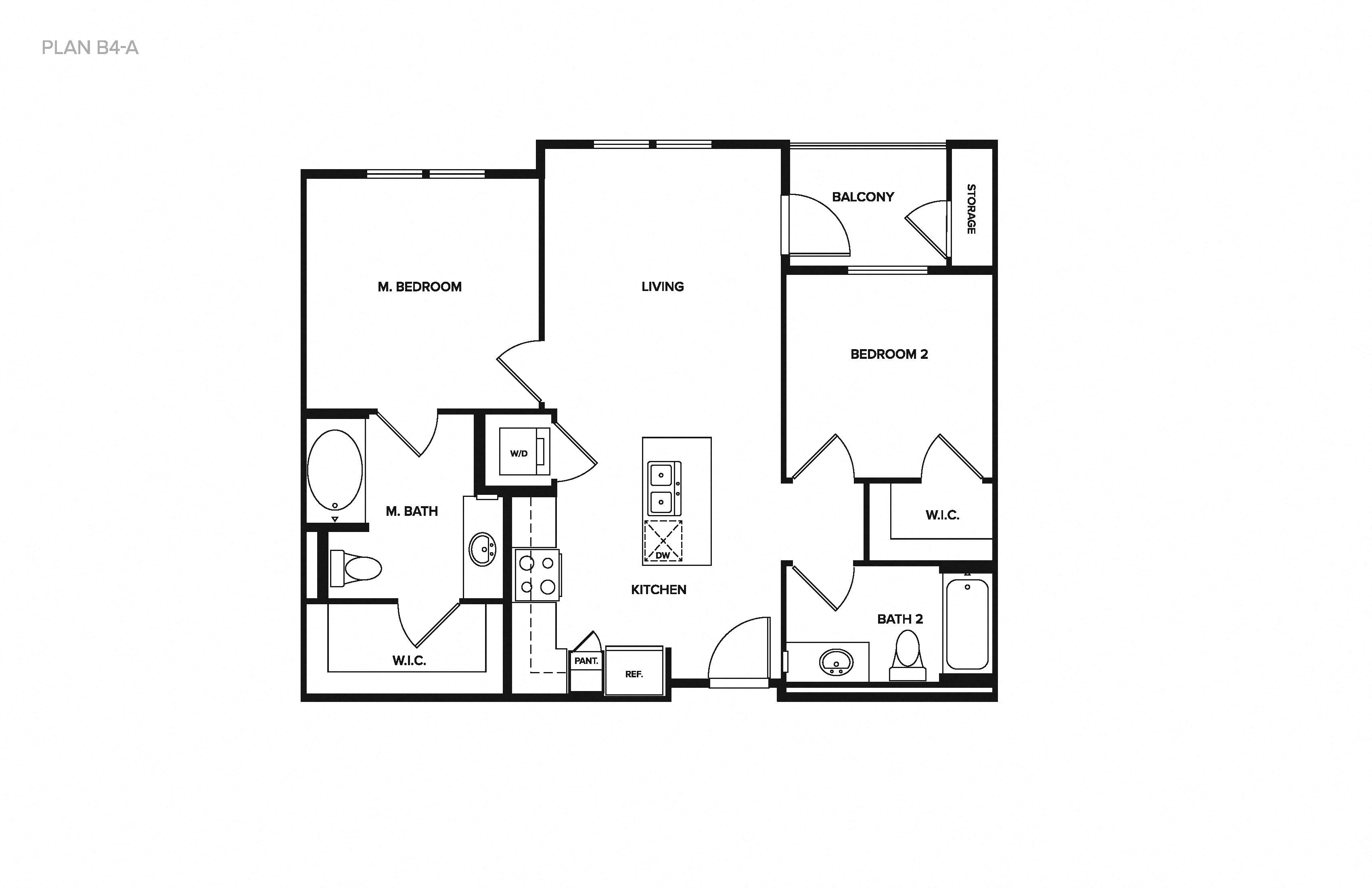 Floor plan for 2 beds, 2 baths, 857 sqft