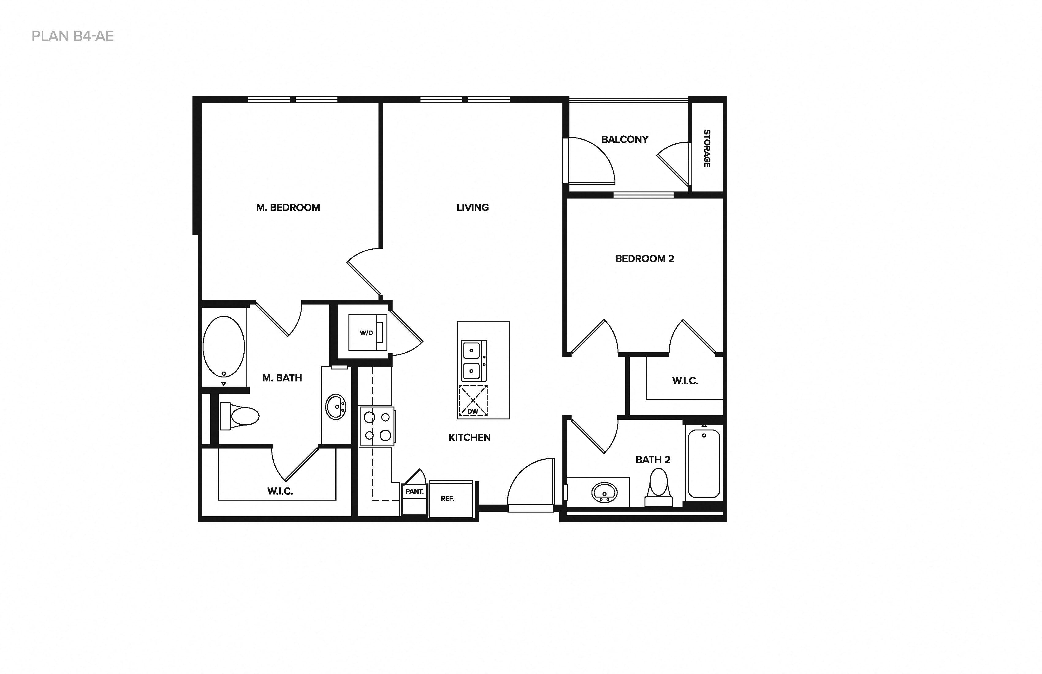 Floor plan for 2 beds, 2 baths, 895 sqft