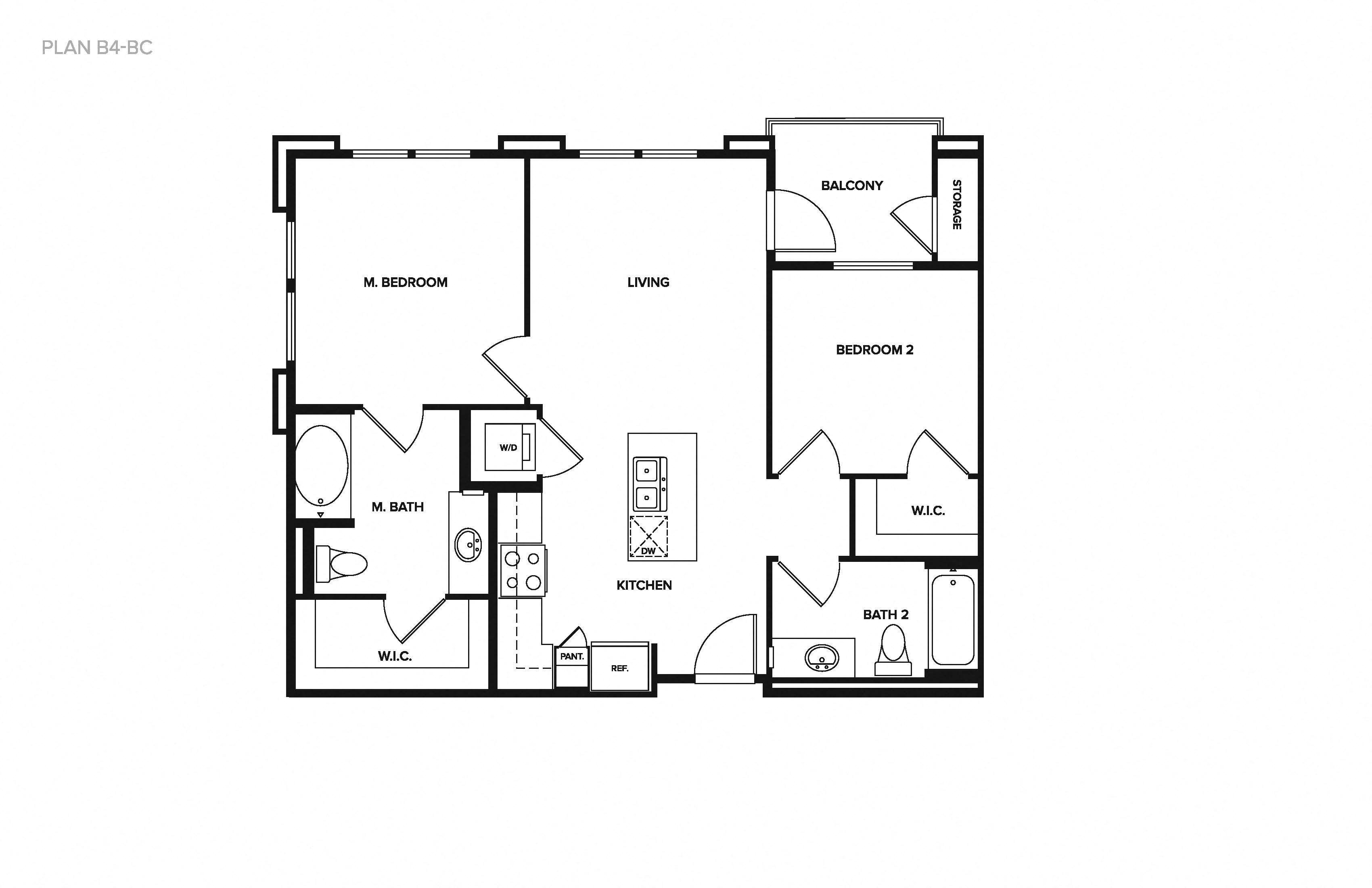Floor plan for 2 beds, 2 baths, 877 sqft