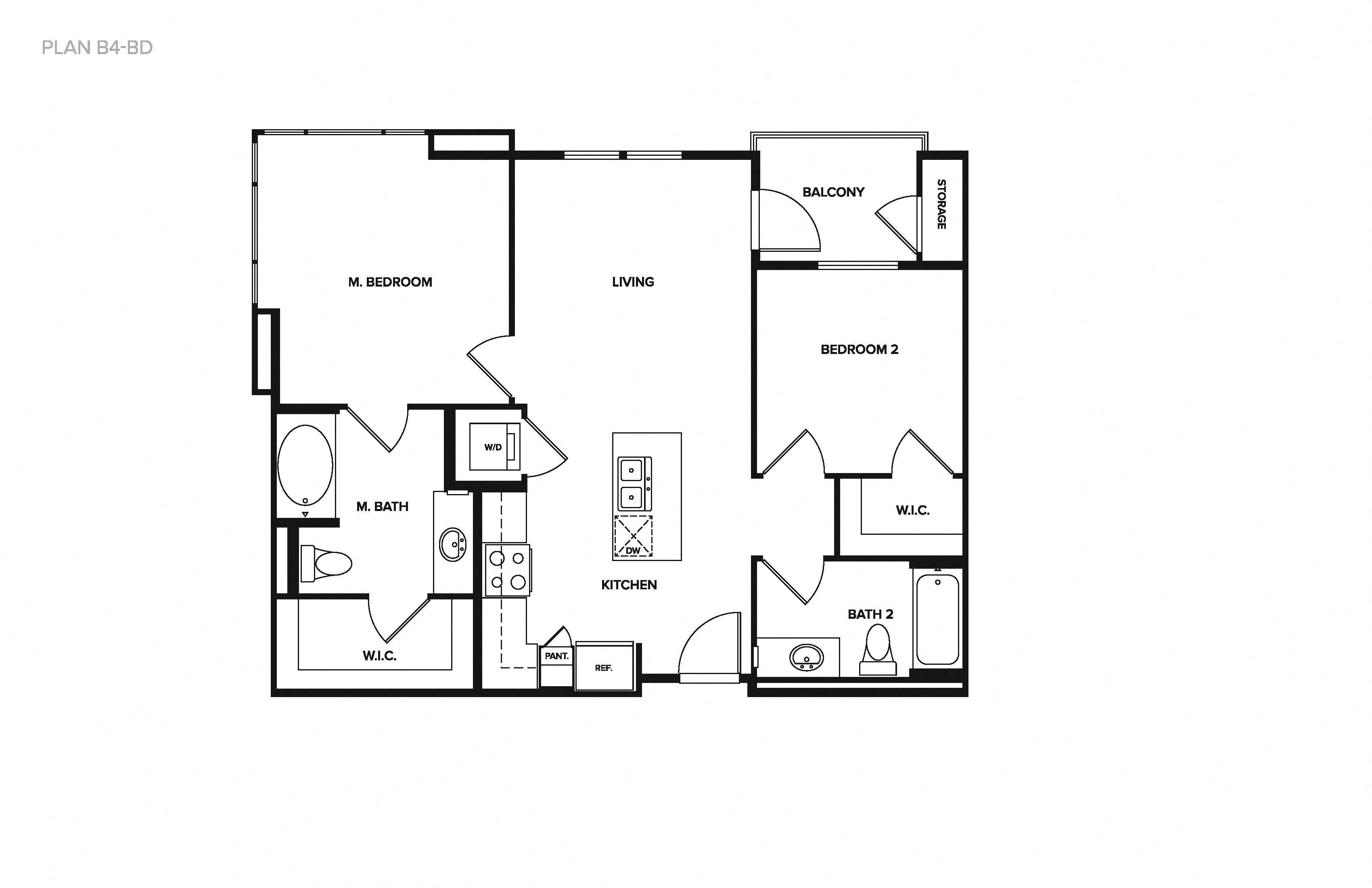 Floor plan for 2 beds, 2 baths, 877 sqft