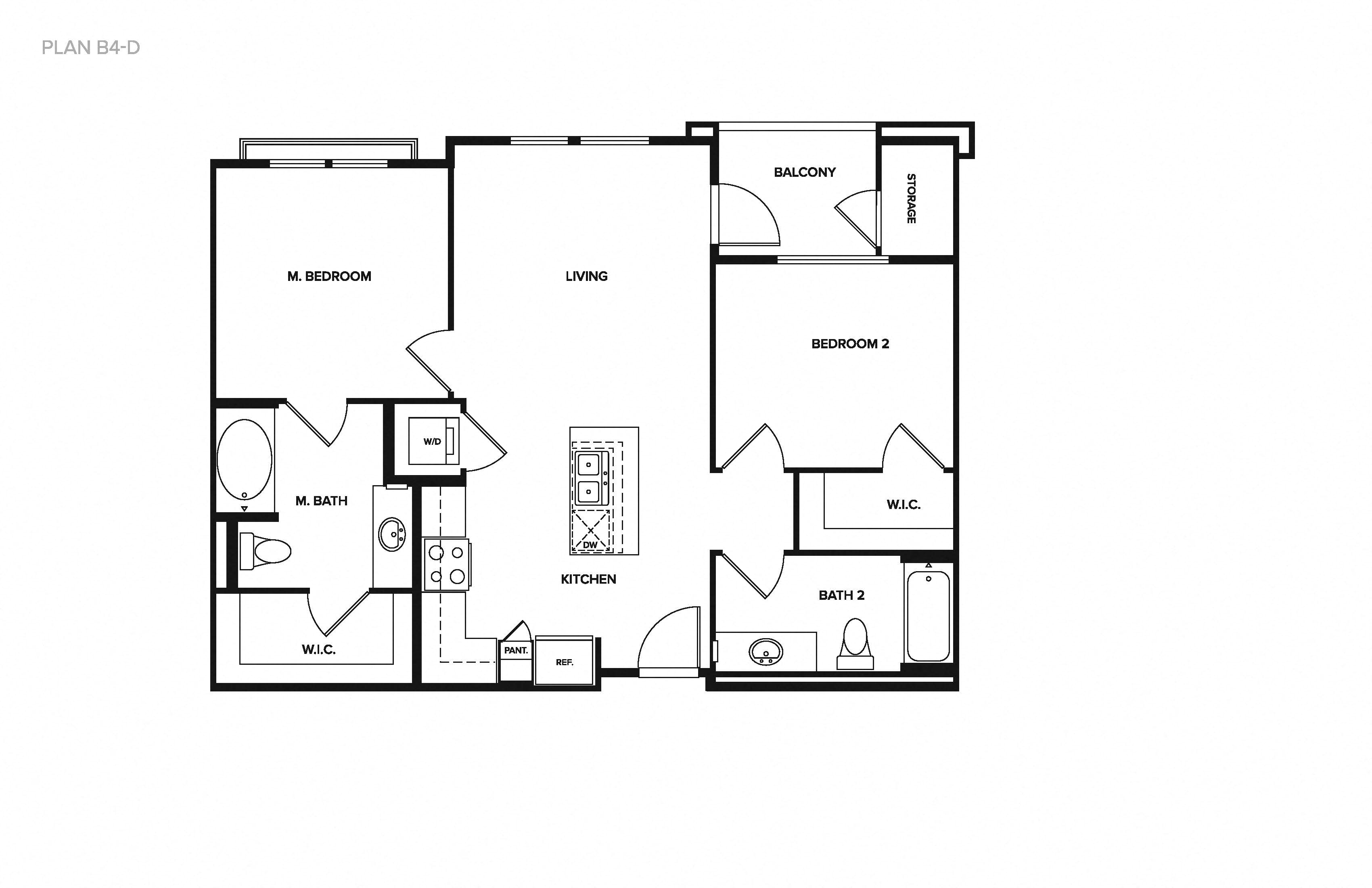 Floor plan for 2 beds, 2 baths, 935 sqft