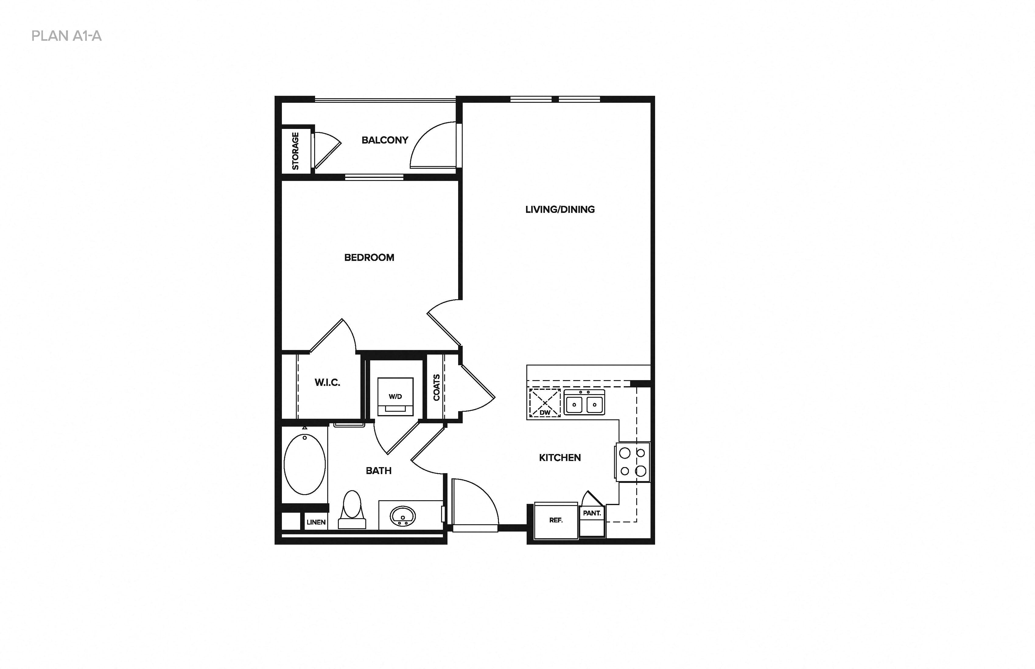 Floor plan for 1 bed, 1 bath, 667 sqft