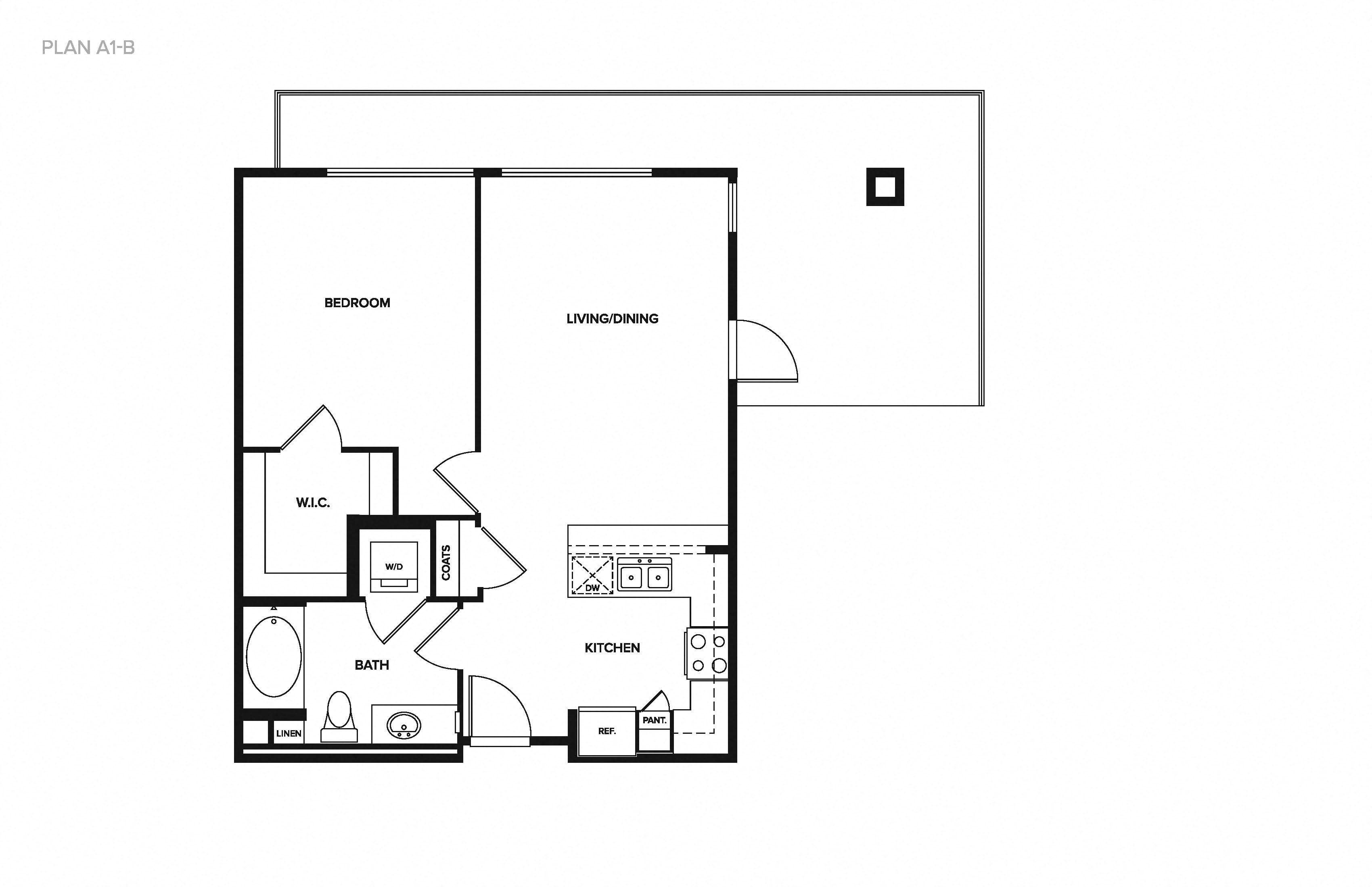 Floor plan for 1 bed, 1 bath, 727 sqft