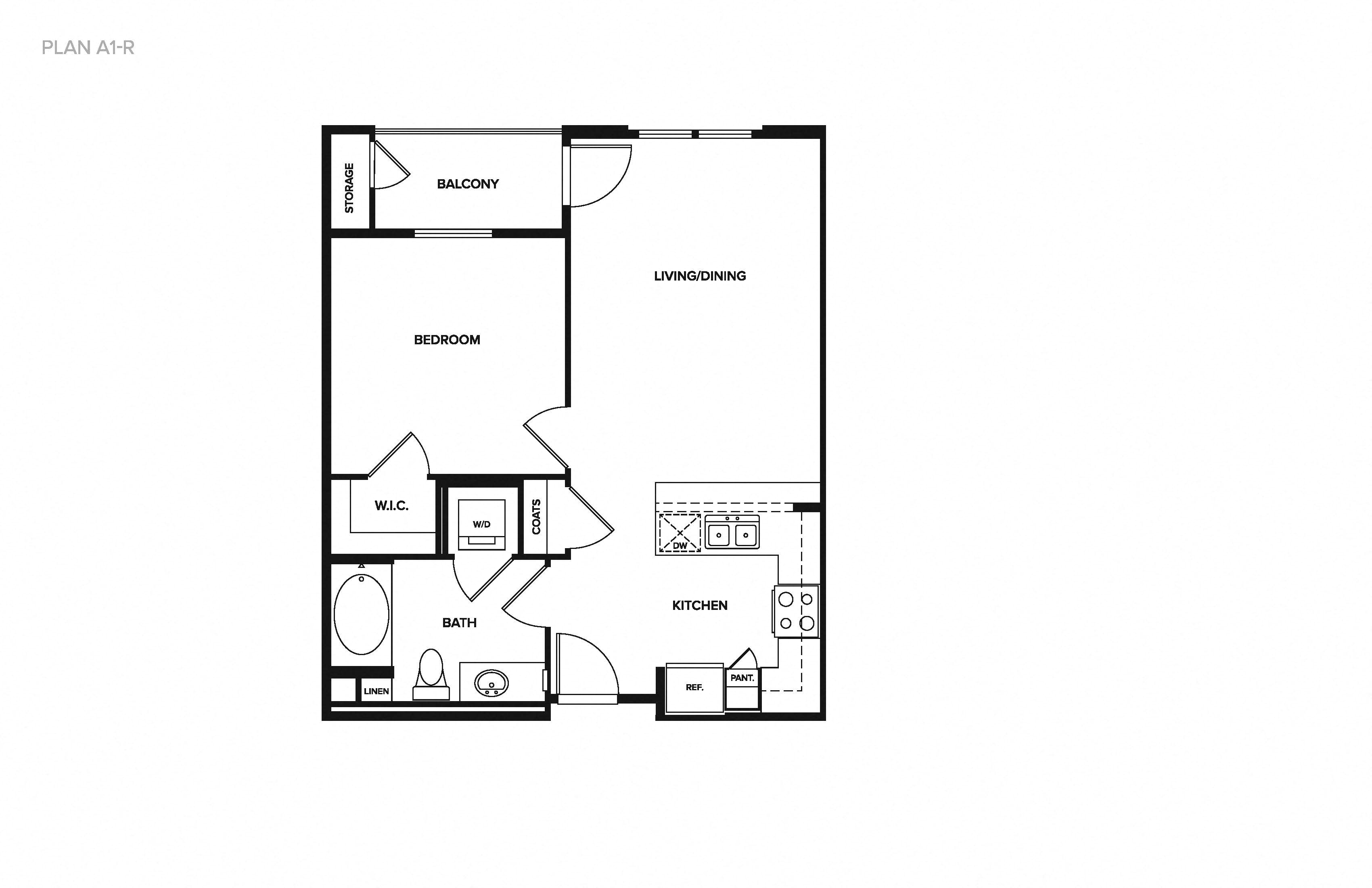 Floor plan for 1 bed, 1 bath, 665 sqft