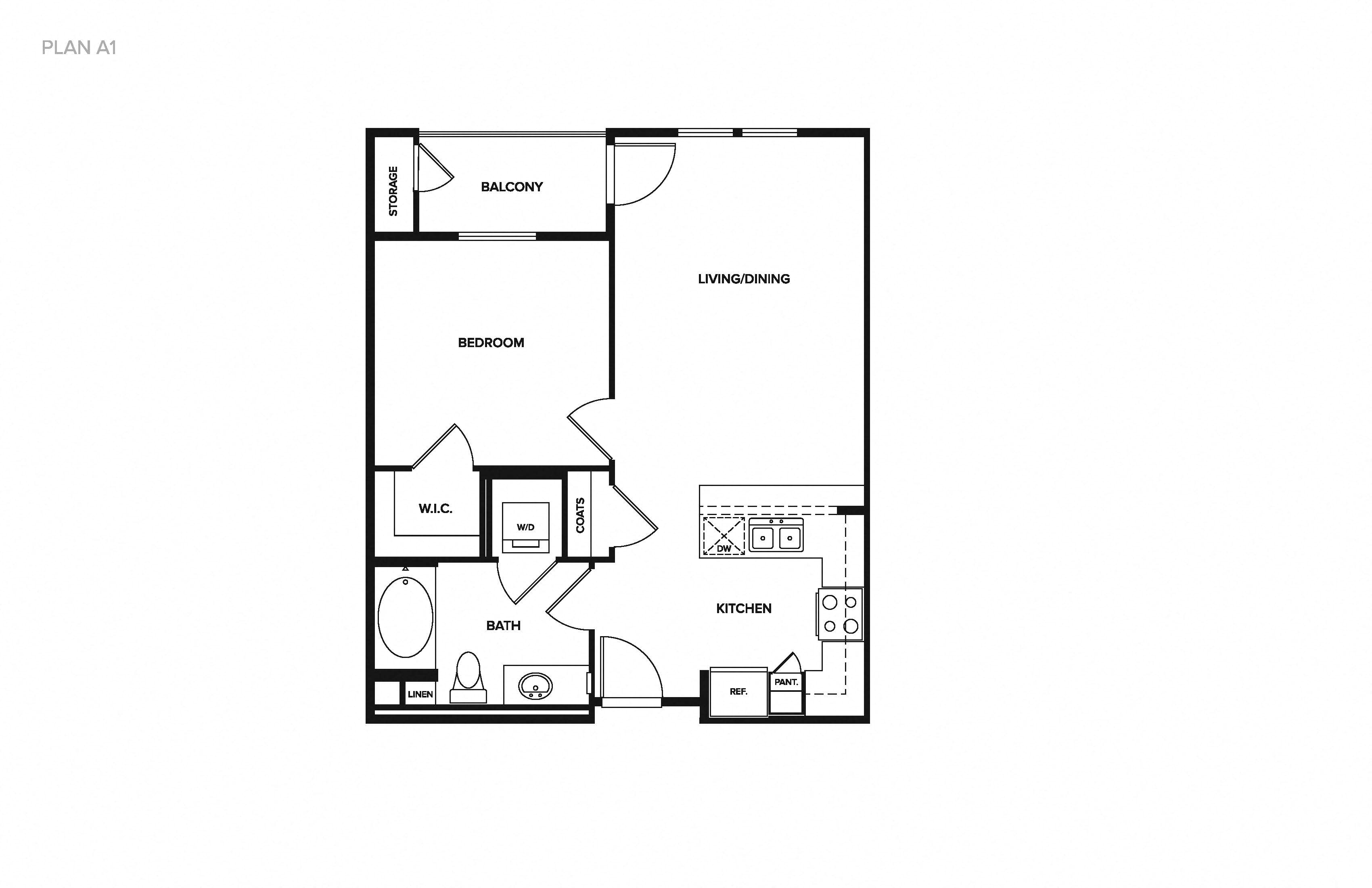 Floor plan for 1 bed, 1 bath, 667 sqft