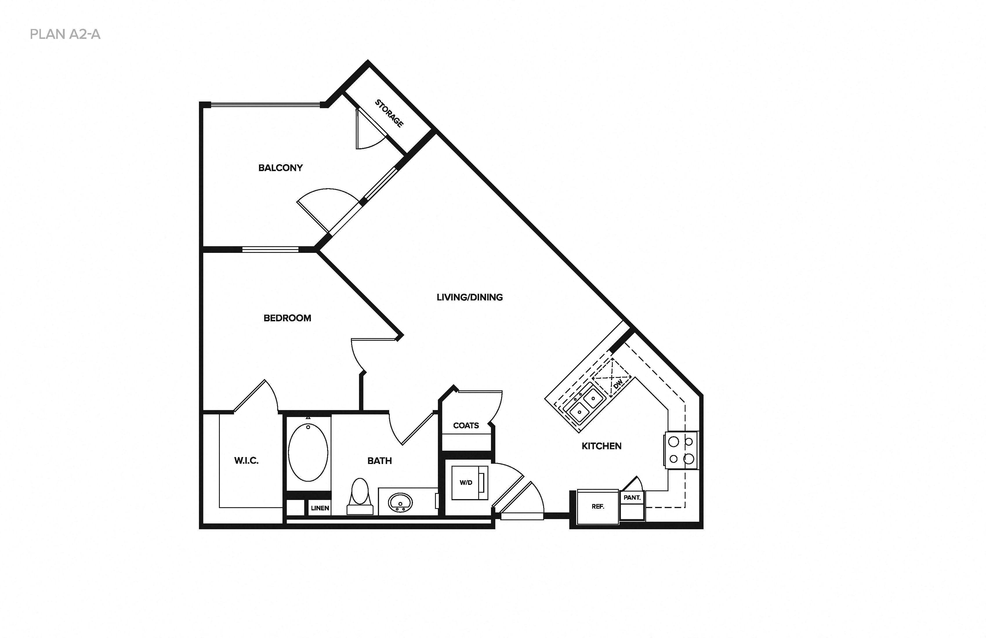 Floor plan for 1 bed, 1 bath, 692 sqft