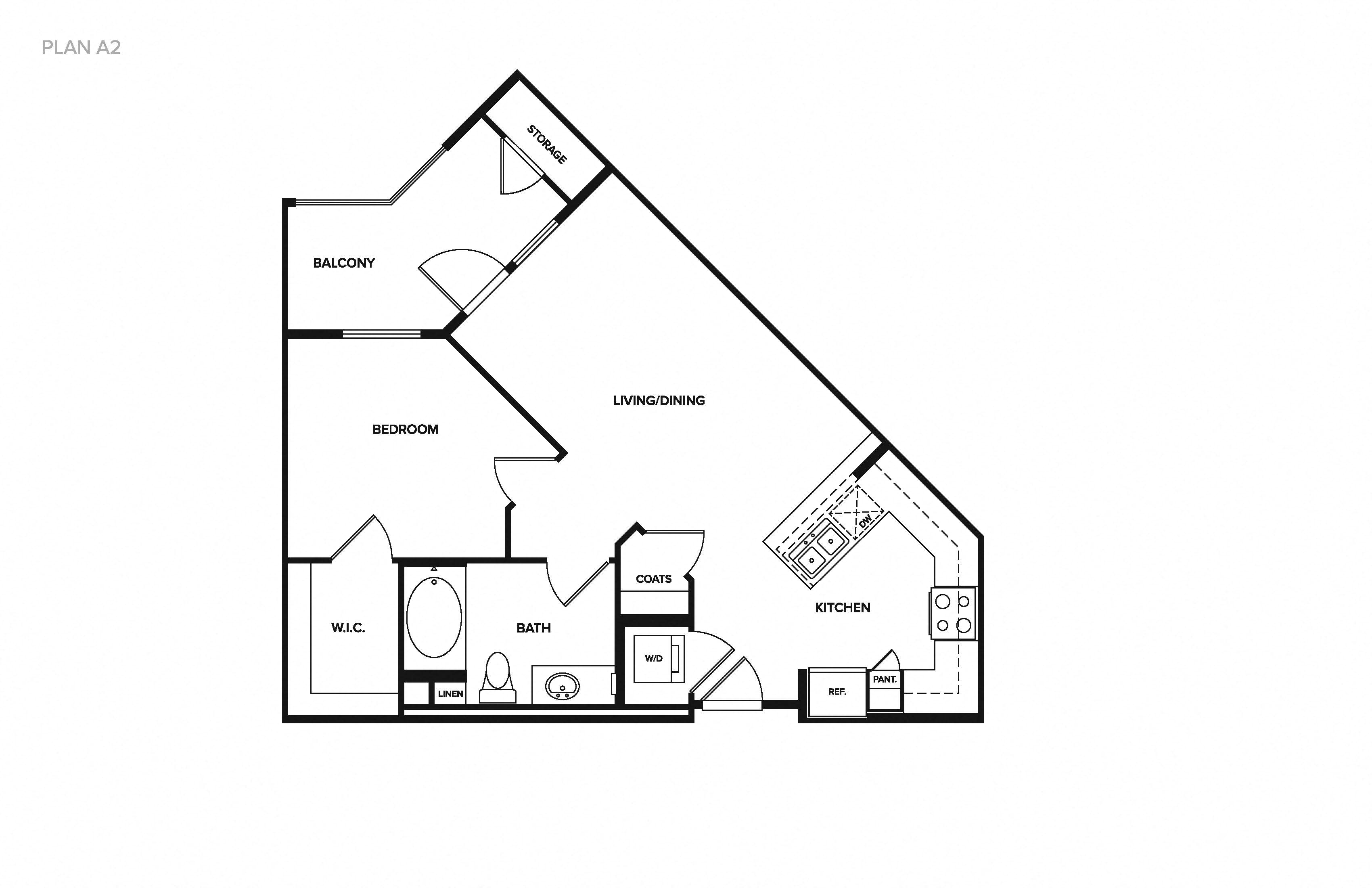 Floor plan for 1 bed, 1 bath, 692 sqft