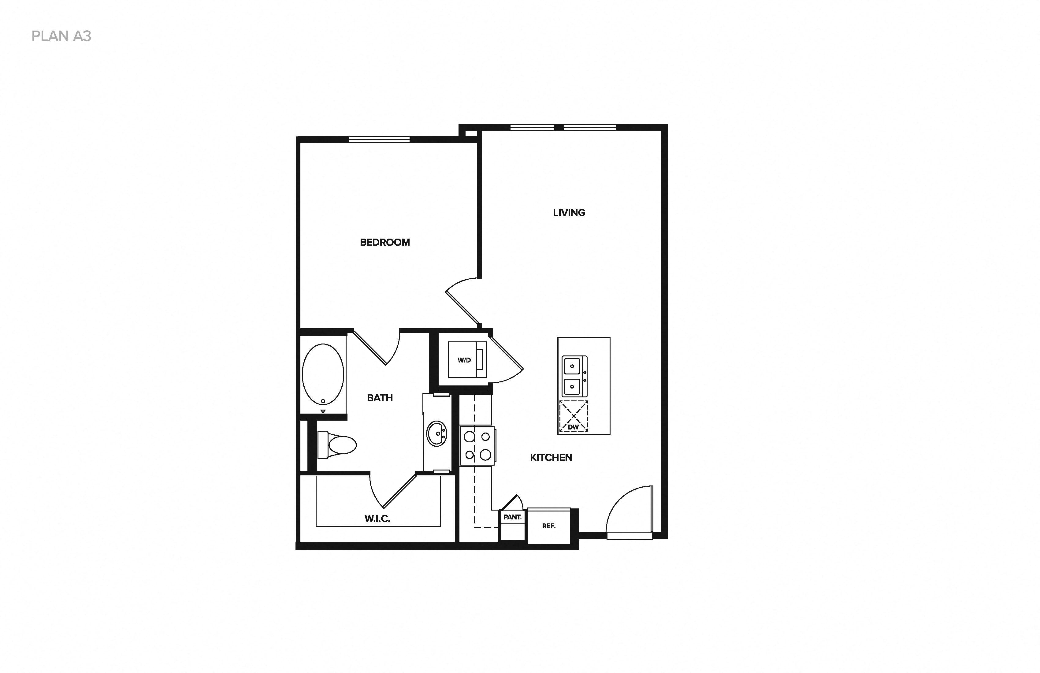 Floor plan for 1 bed, 1 bath, 660 sqft