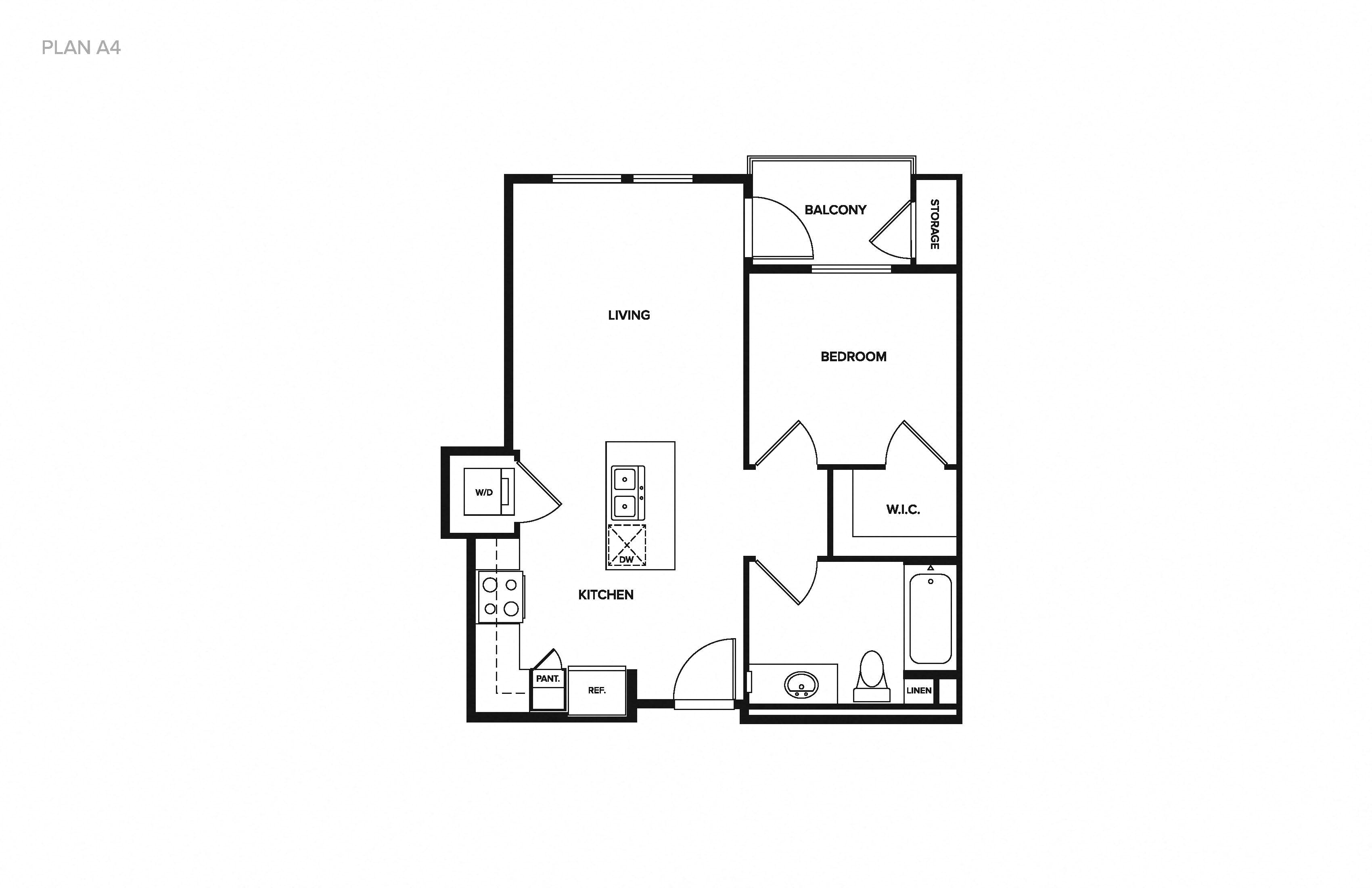 Floor plan for 1 bed, 1 bath, 597 sqft