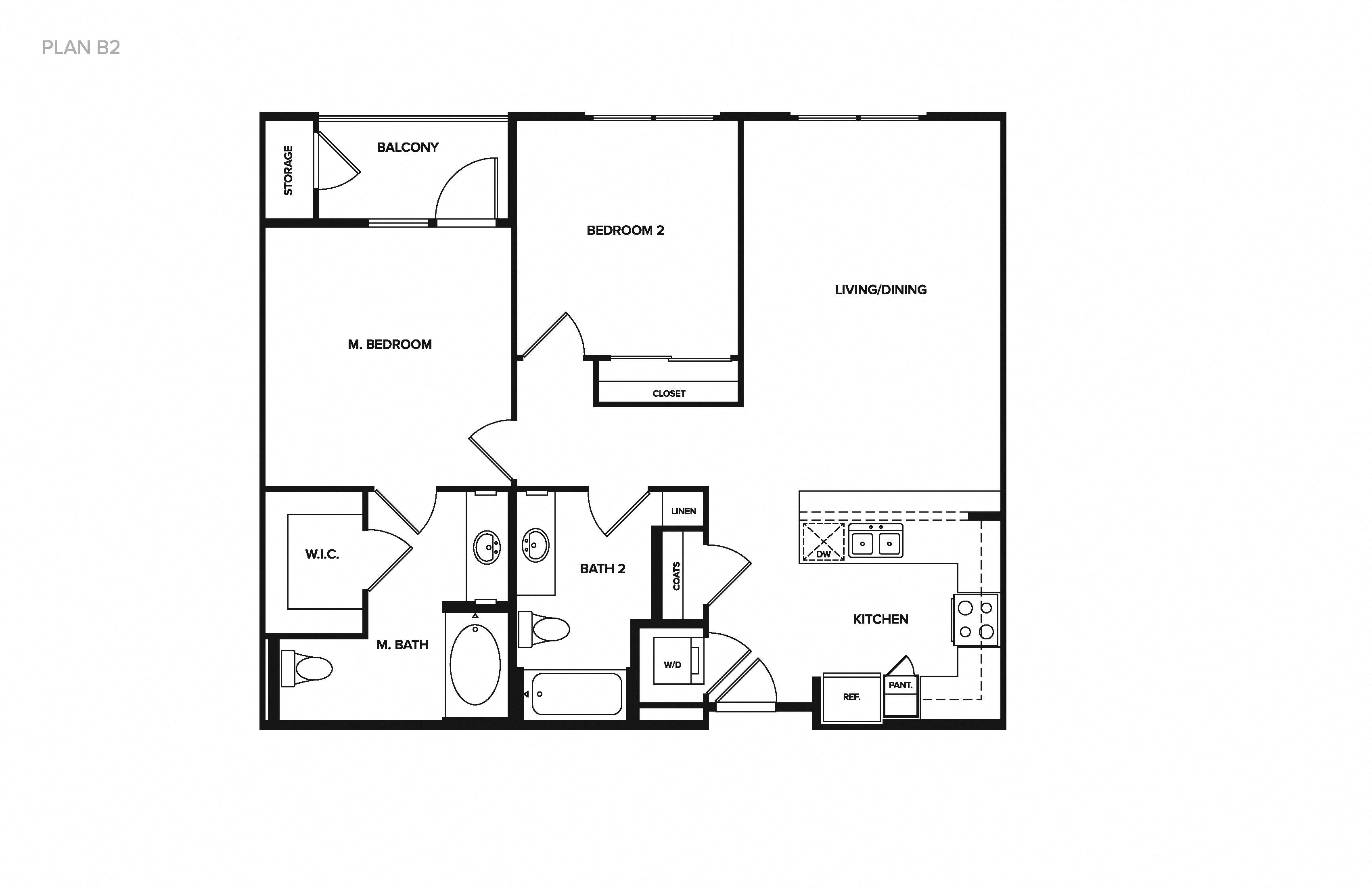 Floor plan for 2 beds, 2 baths, 1057 sqft