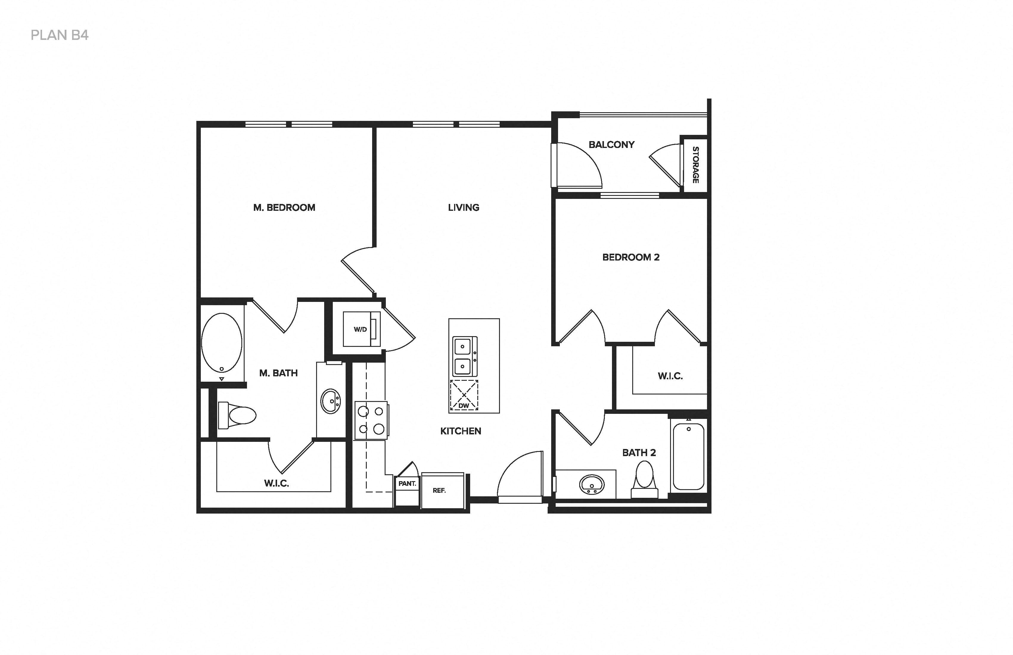 Floor plan for 2 beds, 2 baths, 857 sqft