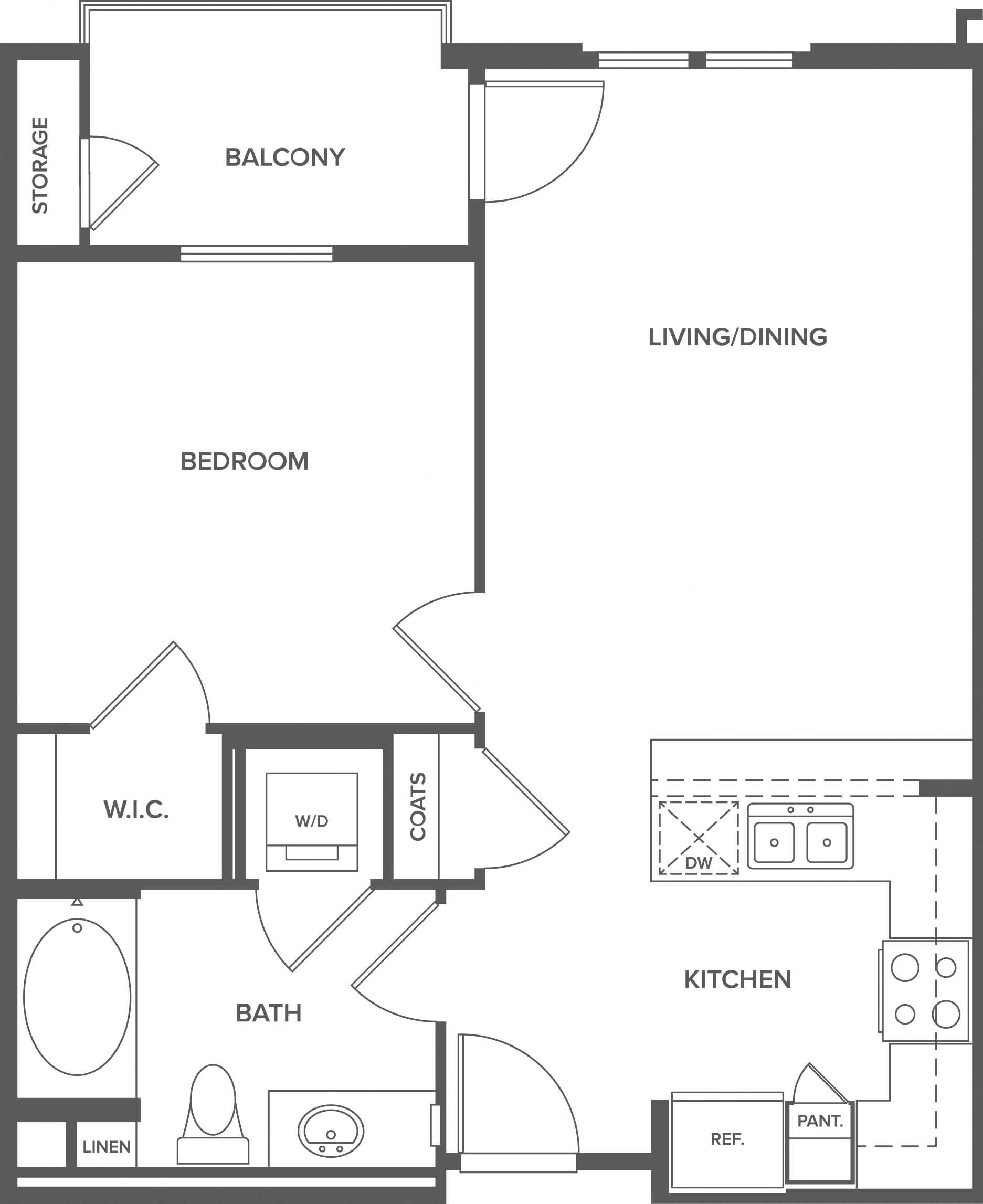Floor plan for 1 bed, 1 bath, 665 sqft