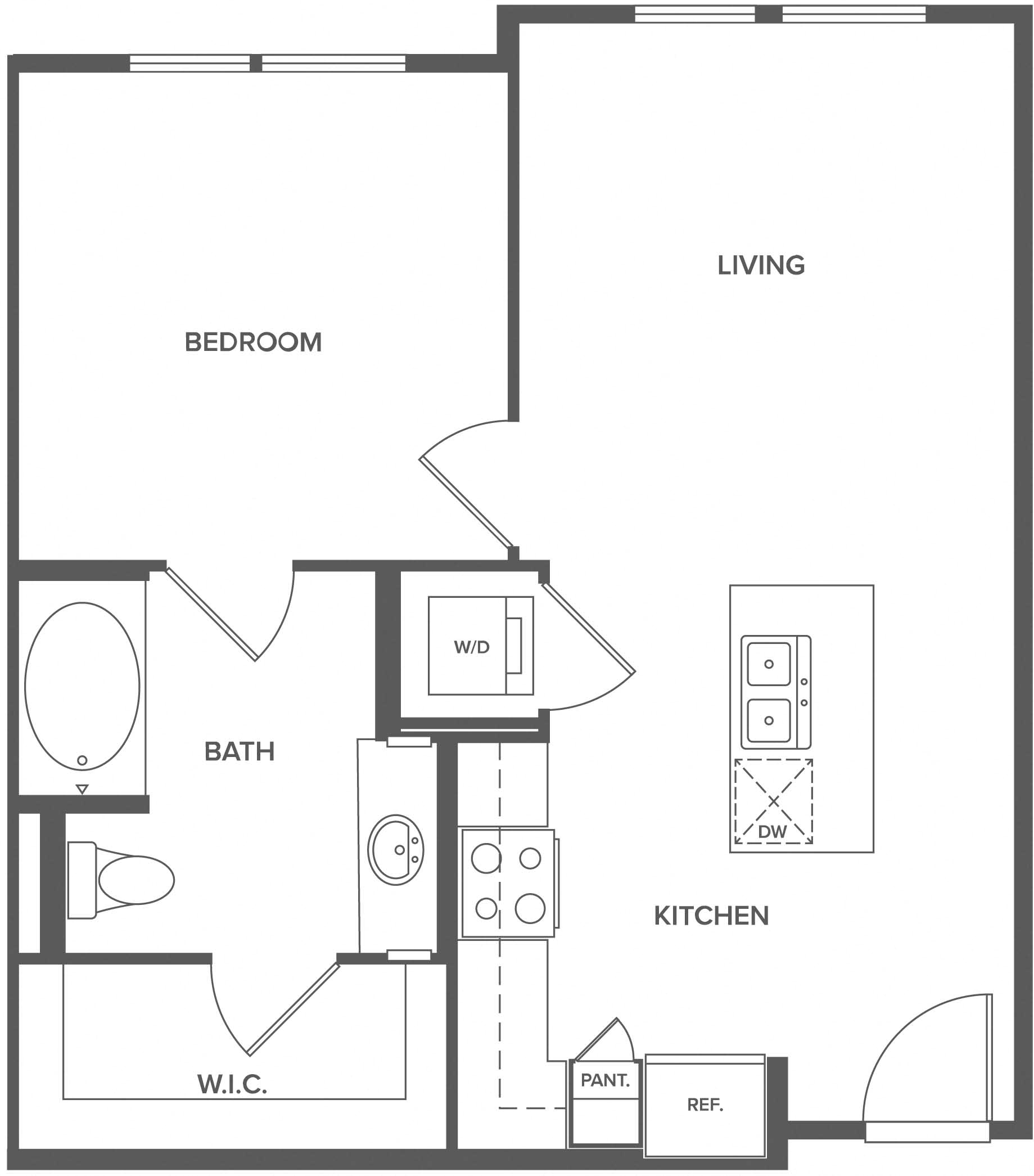 Floor plan for 1 bed, 1 bath, 649 sqft