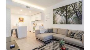 Cleveland apartment for rent - a living room with a couch and a kitchen with a sink