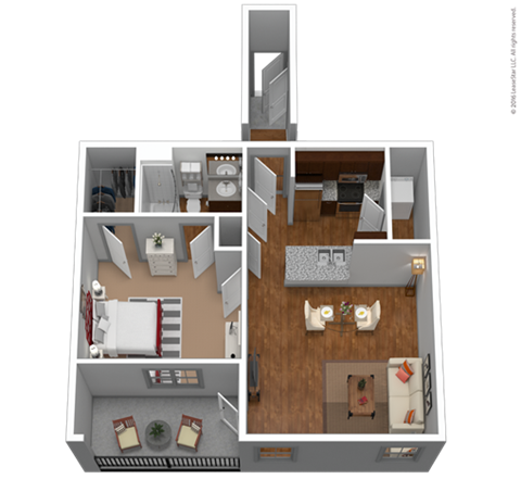 Floor plan for 1 bed, 1 bath, 667 sqft
