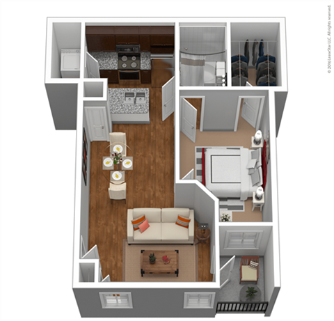 Floor plan for 1 bed, 1 bath, 821 sqft