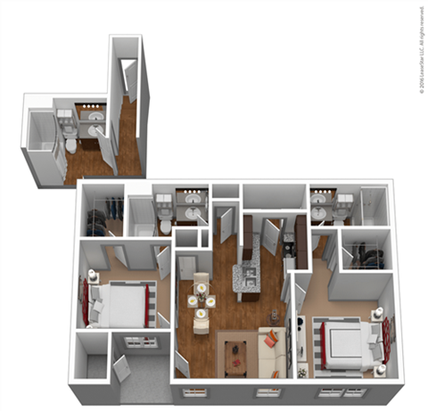 Floor plan for 2 beds, 2 baths, 992 sqft