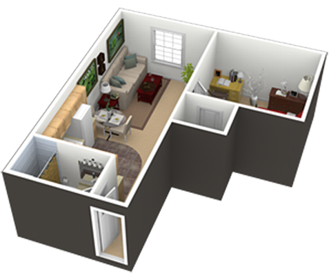 Floor plan for 1 bed, 1 bath, 600 sqft