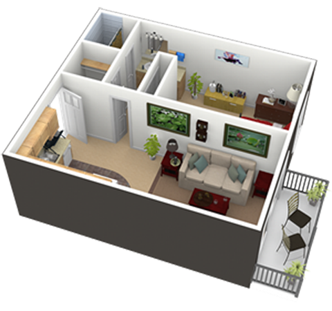 Floor plan for 1 bed, 1 bath, 725 sqft