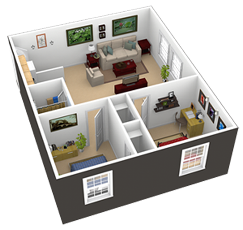 Floor plan for 2 beds, 1 bath, 618 sqft