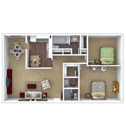 Floor plan for 2 beds, 2 baths, 1013 sqft