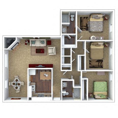 Floor plan for 3 beds, 2 baths, 1310 sqft