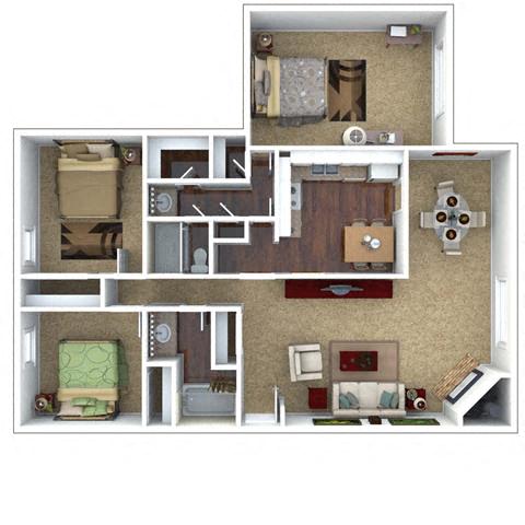 Floor plan for 3 beds, 2 baths, 1288 sqft