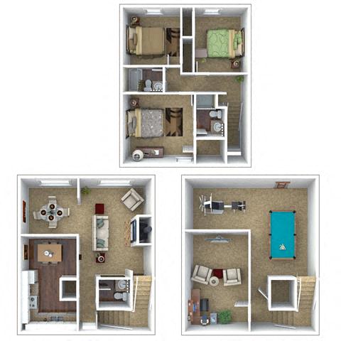 Floor plan for 3 beds, 3 baths, 1644 sqft