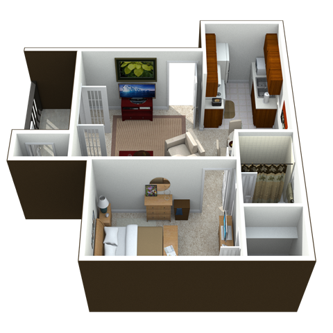 Floor plan for 1 bed, 1 bath, 537 sqft