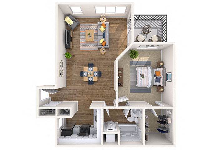 Floor plan for 1 bed, 1 bath, 690 sqft