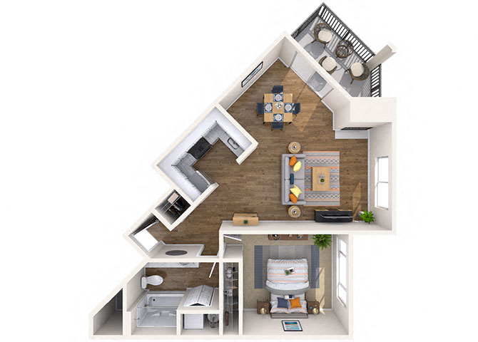 Floor plan for 1 bed, 1 bath, 703 sqft