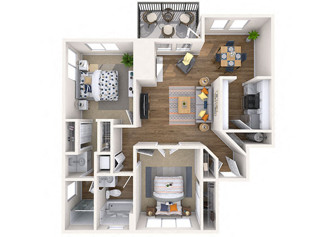 Floor plan for 2 beds, 2 baths, 970 sqft