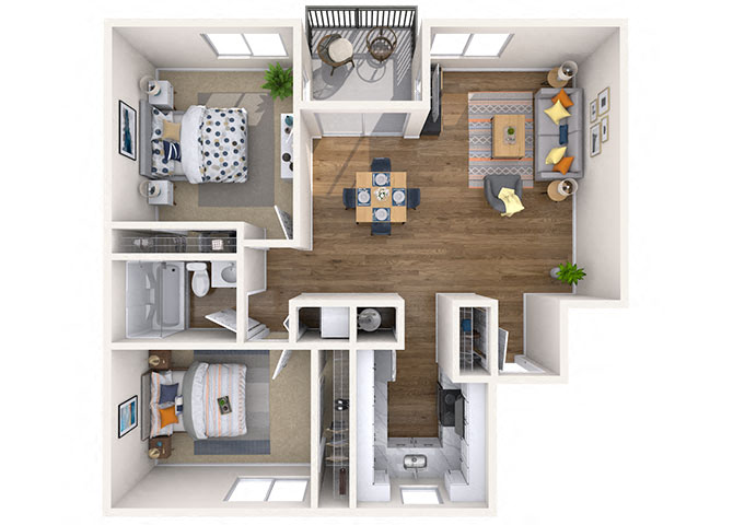 Floor plan for 2 beds, 1 bath, 840 sqft