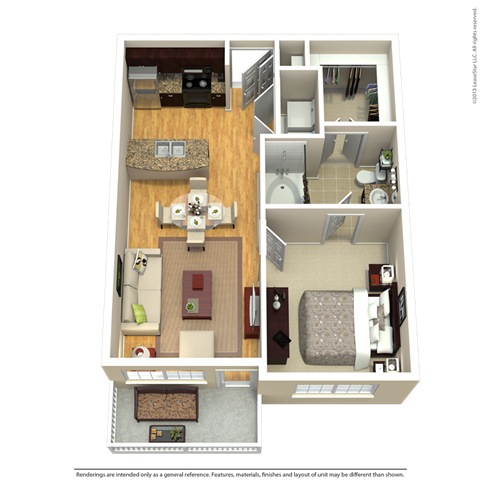 Floor plan for 1 bed, 1 bath, 633 sqft