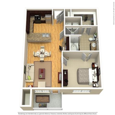 Floor plan for 1 bed, 1 bath, 801 sqft