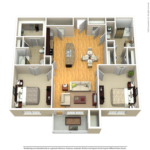 Floor plan for 2 beds, 2 baths, 1152 sqft