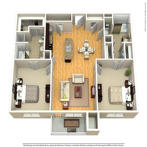 Floor plan for 2 beds, 2 baths, 1257 sqft