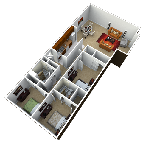 Floor plan for 3 beds, 2 baths, 1160 sqft