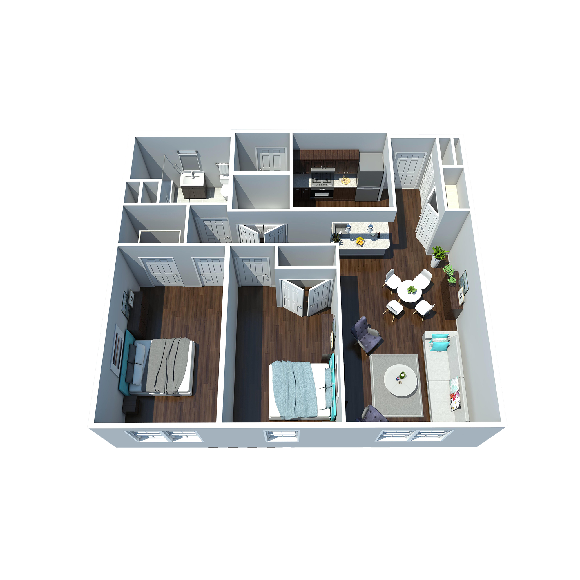 Floor plan for 2 beds, 1 bath, 961 sqft