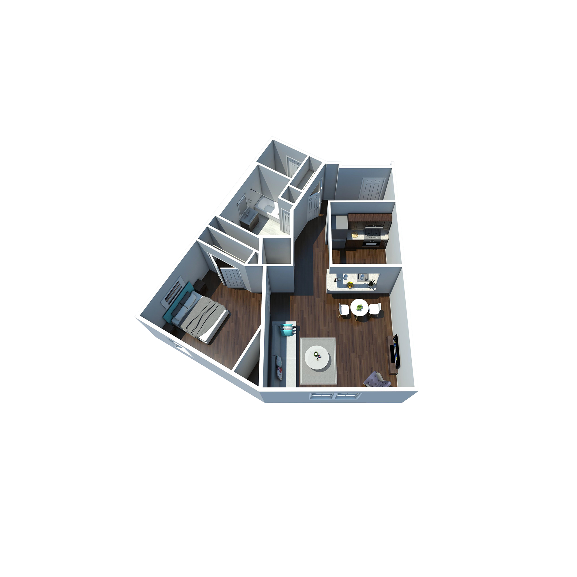 Floor plan for 1 bed, 1 bath, 791 sqft